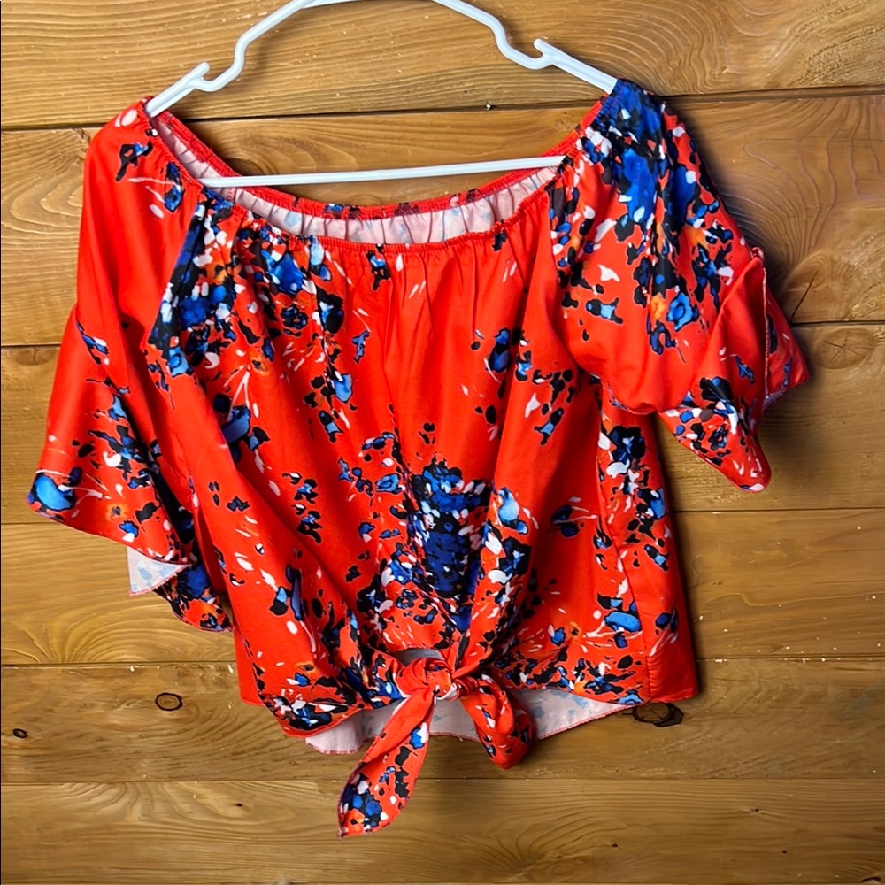 Womens Summer Floral Off Shoulder Chiffon Shirt 3/4 Flare Sleeve Tie Knot Blouse